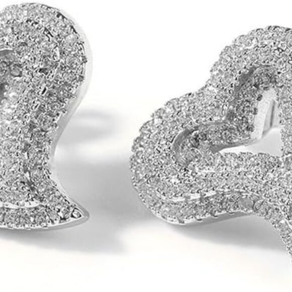Silver Cubic Zirconia Heart Stud Earrings for Women, Dainty Romantic Jewelry - Picture 1 of 6